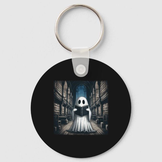Retro Reading Ghost Library Halloween Librarian Bo Key Ring (Front)