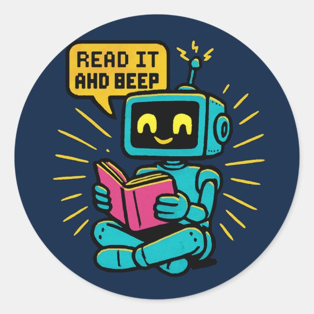 Retro Reading Robot Sticker – Pixel Art Sci-Fi  (Front)