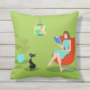 Retro Reading Woman Outdoor Pillow