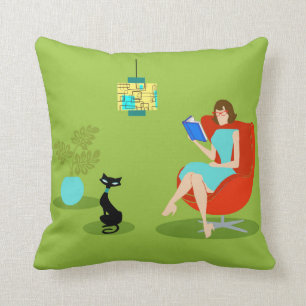 Retro Reading Woman Throw Pillow