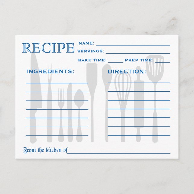 Retro Recipe Card Kitchen Tools Blue Striped (Front)