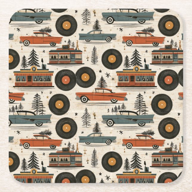 Retro Record Christmas Cocktail Hour Square Paper Coaster (Front)