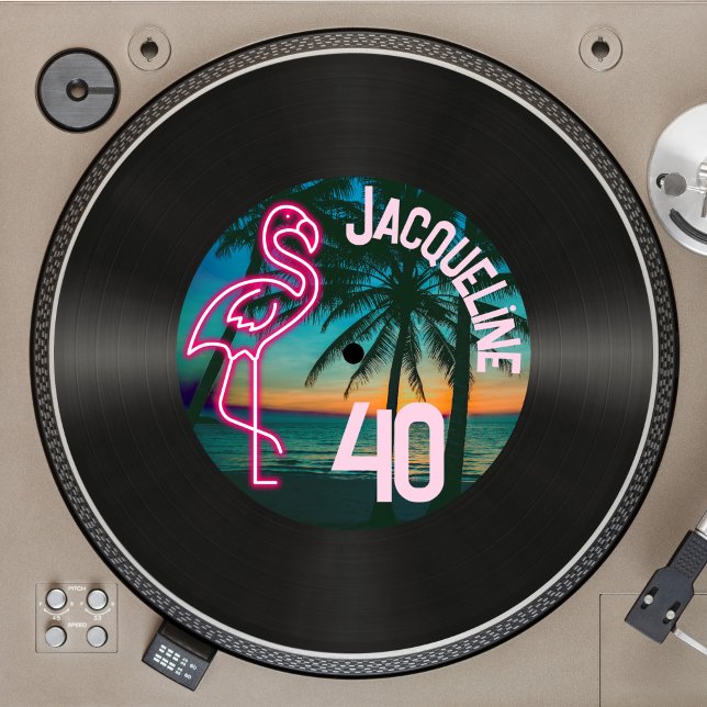 Retro Record Tropical Neon Flamingo 40th Birthday Invitation (Creator Uploaded)