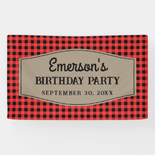 Retro Red and Black Buffalo Plaid Pattern Birthday Banner