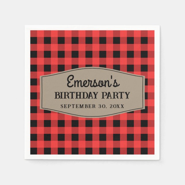 Retro Red and Black Buffalo Plaid Pattern Birthday Napkin (Front)