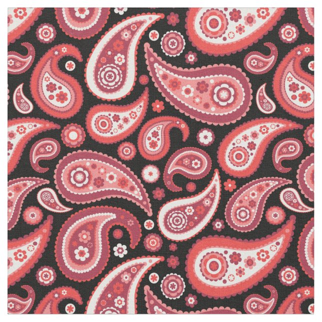 Retro Red and Black Paisley Pattern Fabric (Close Up)