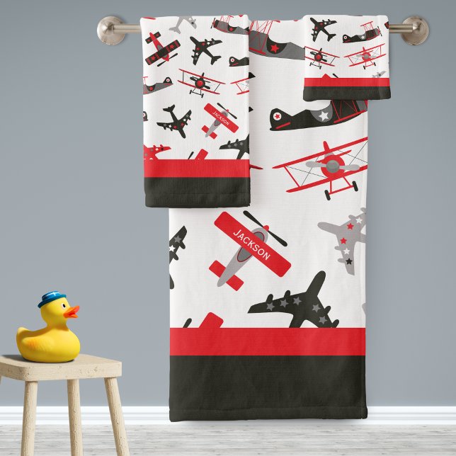 Retro Red and Black WWII Military Aeroplane Patter Bath Towel Set (Creator Uploaded)