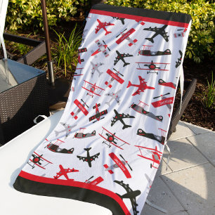 Retro Red and Black WWII Military Aeroplane Patter Beach Towel