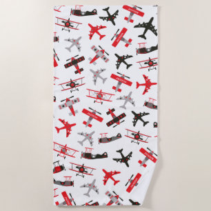 Retro Red and Black WWII Military Aeroplane Patter Beach Towel