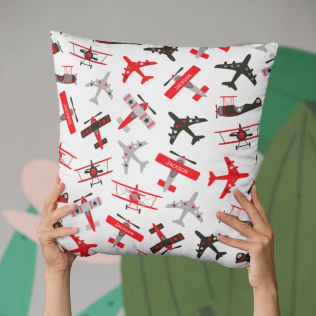 Retro Red and Black WWII Military Aeroplane Patter Cushion (Creator Uploaded)