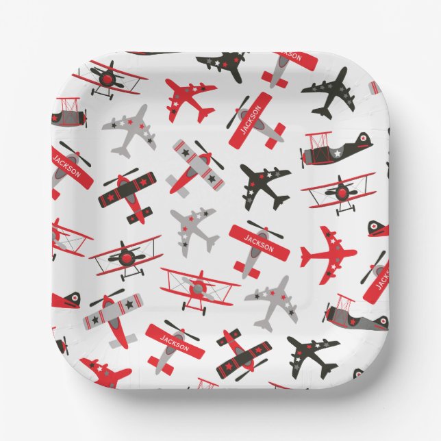 Retro Red and Black WWII Military Aeroplane Patter Paper Plate (Front)