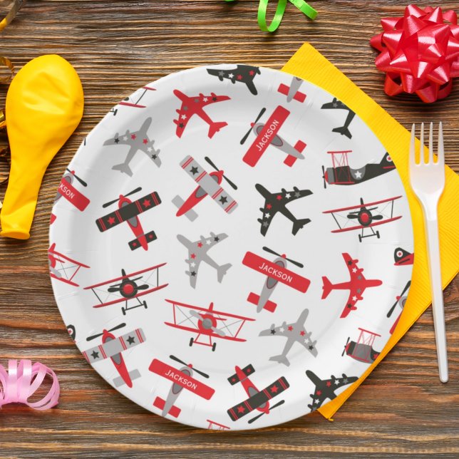 Retro Red and Black WWII Military Aeroplane Patter Paper Plate (Creator Uploaded)