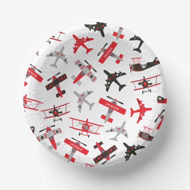 Retro Red and Black WWII Military Aeroplane Patter Paper Plate (Front)