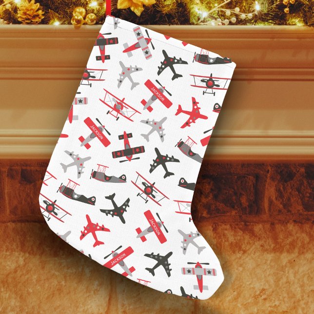 Retro Red and Black WWII Military Aeroplane Patter Small Christmas Stocking (Creator Uploaded)