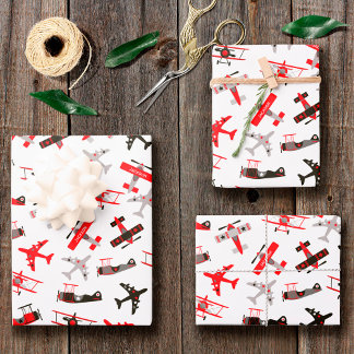 Retro Red and Black WWII Military Aeroplane Patter Wrapping Paper Sheet