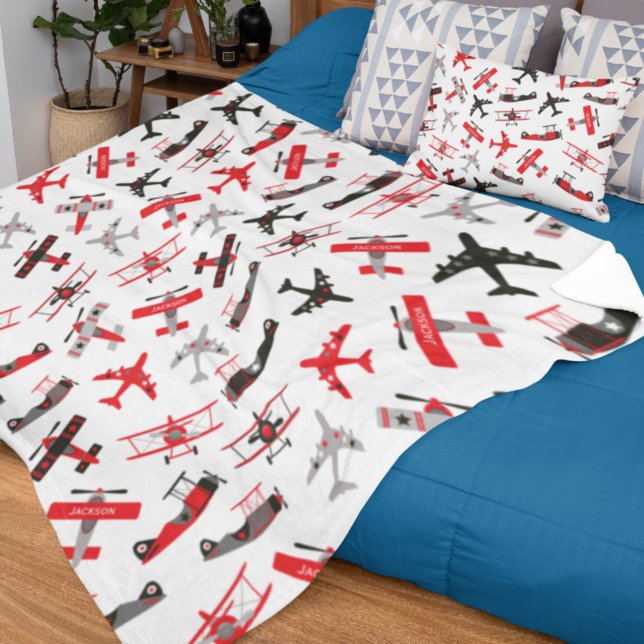 Retro Red and Black WWII Military Airplane Pattern Fleece Blanket (Creator Uploaded)