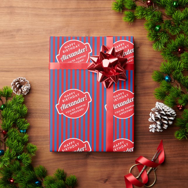 Retro Red And Blue American Stripe Pattern Label  Wrapping Paper (Holiday Gift)