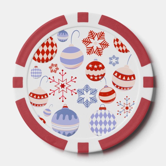 Retro Red and Blue Christmas Ornaments Poker Chips (Front)