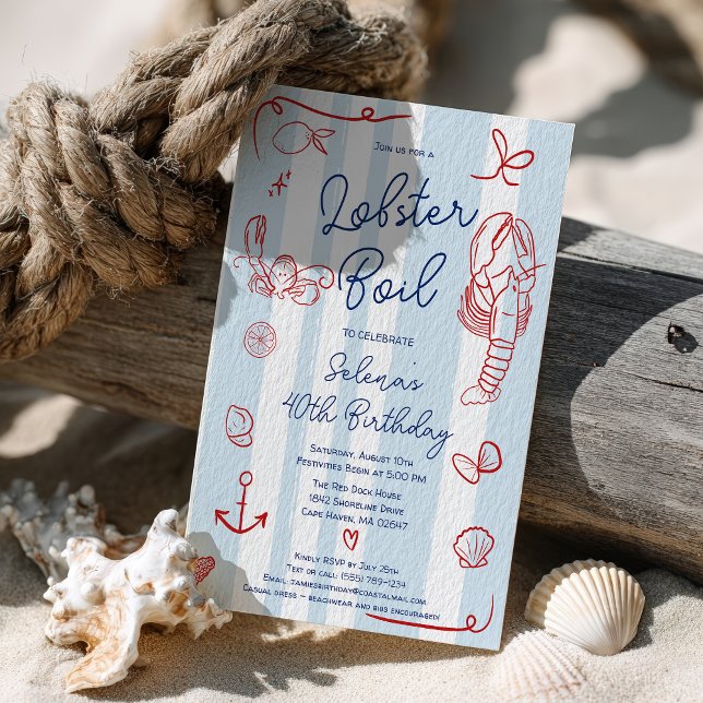 Retro Red and Blue Fun Lobster Boil 40th Birthday  Invitation (Retro Red and Blue Fun Lobster Boil 40th Birthday Invitation)