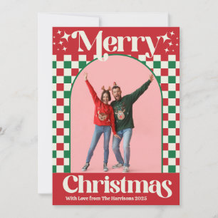 Retro Red and Green Christmas Check Flat Card