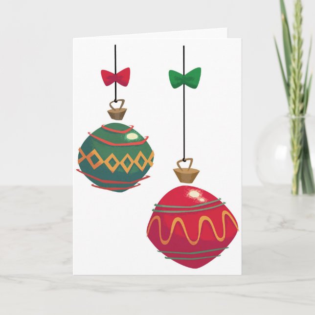 Retro Red and Green Christmas Ornaments Holiday Card (Front)