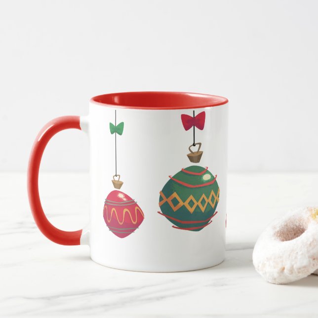Retro Red and Green Christmas Ornaments Mug (With Donut)