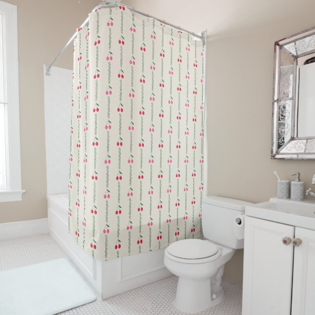 Retro Red and Pink Berry Cherry Stripes on Cream Shower Curtain (In Situ)