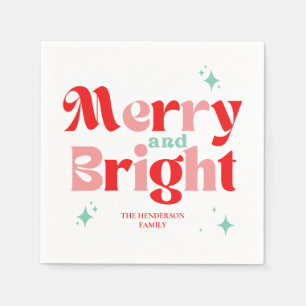 Retro Red and Teal Merry and Bright Christmas Napkin