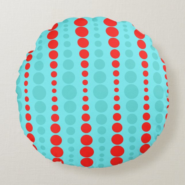 Retro Red and Turquoise Dots Round Pillow (Front)
