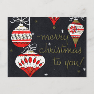 Retro Red and White Ornaments on Black Postcard