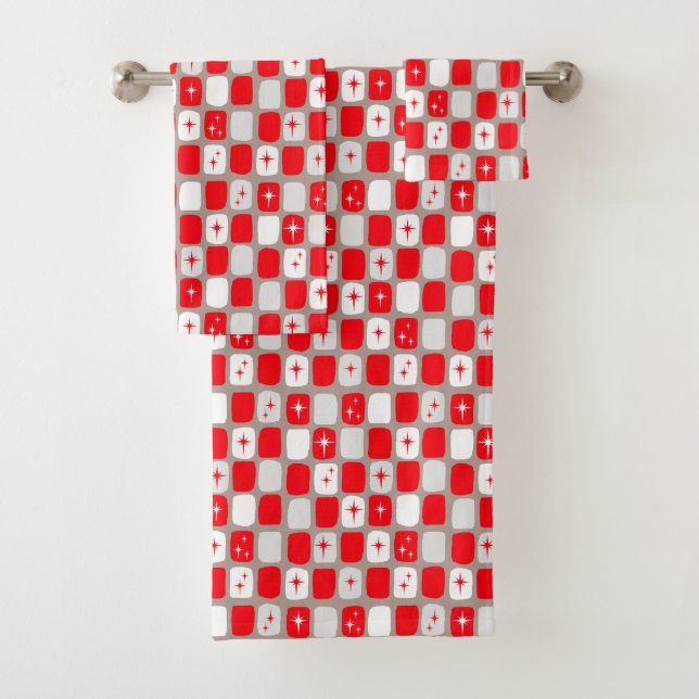 Retro Red and White Starbursts Towel Set (Insitu)