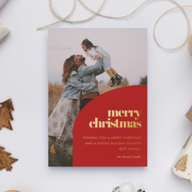 Retro Red Arch Design Merry Christmas Photo Gold Foil Holiday Card (Creator Uploaded)