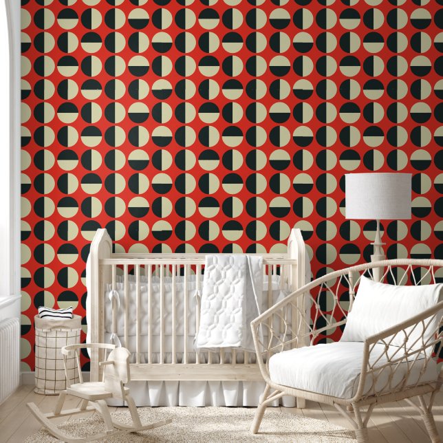 Retro Red Black Beige Dot Sixties Pattern Wallpaper (Kids)