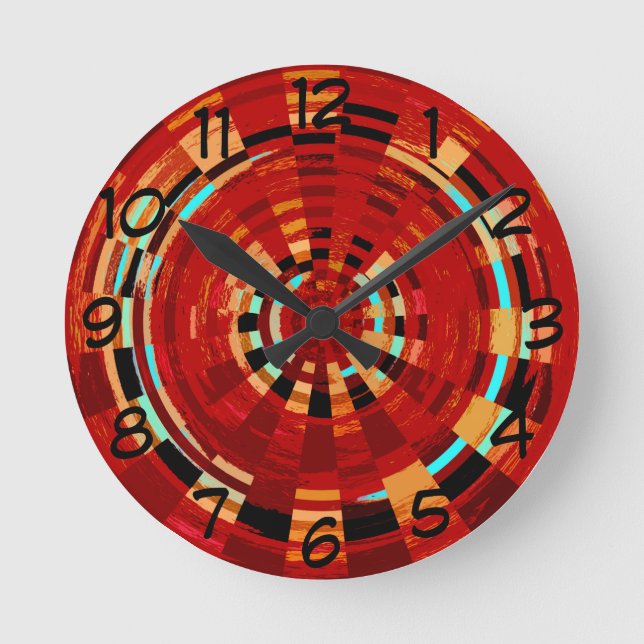 Retro Red Black Blue Yellow Brown Circular Pattern Round Clock (Front)