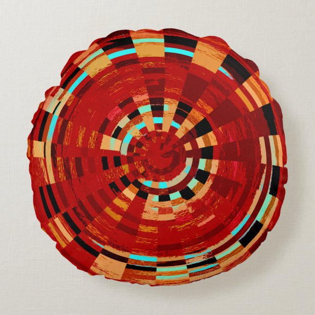 Retro Red Black Blue Yellow Brown Circular Pattern Round Cushion (Front)