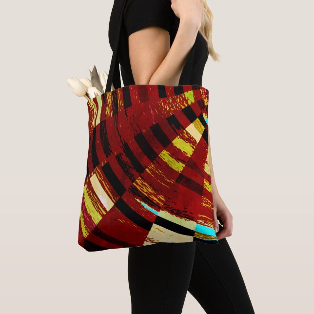 Retro Red Black Blue Yellow Brown Circular Pattern Tote Bag (Close Up)