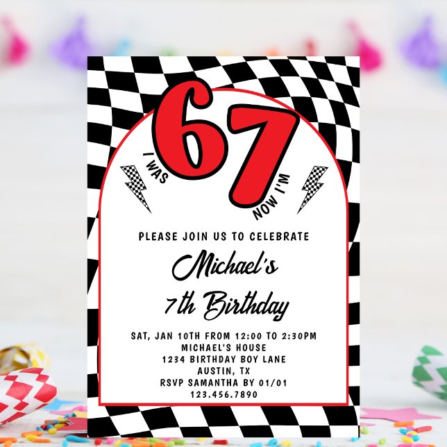 Retro Red Black Chequered 6 7 Boy 7th Birthday  Invitation (Creator Uploaded)