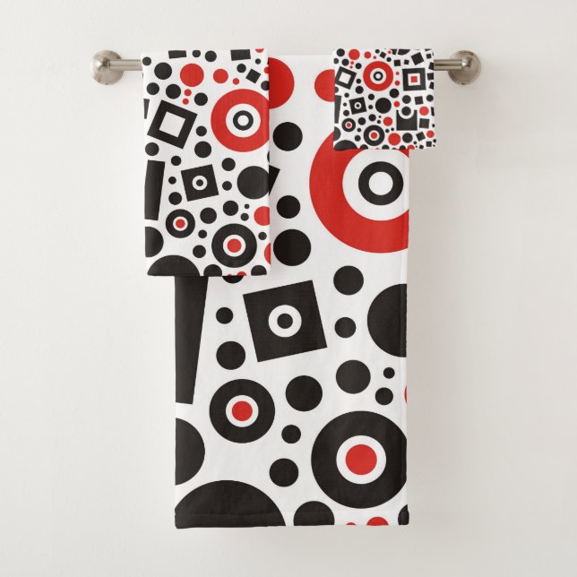 Retro Red & Black Modern Tech Art Deco Bath Towel Set (Insitu)