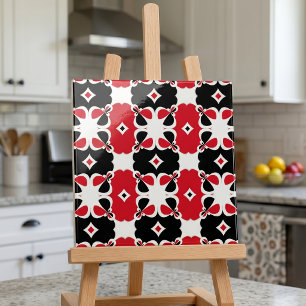 Retro Red Black White Geometric Floral Pattern Ceramic Tile