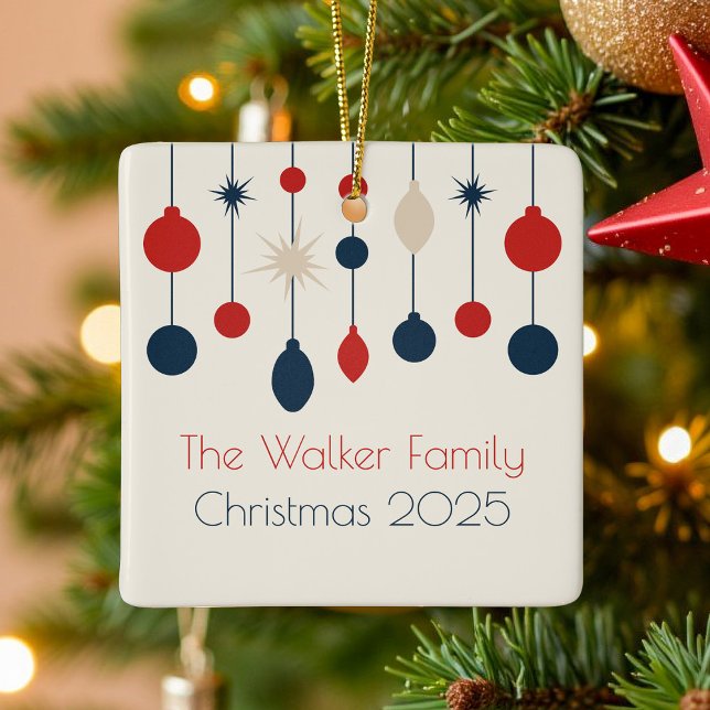 Retro Red Blue Custom 2025 Family Christmas Ceramic Ornament (Creator Uploaded)