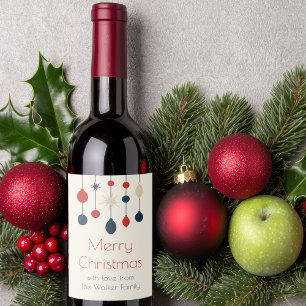 Retro Red Blue Ornaments Christmas Party Wine Label