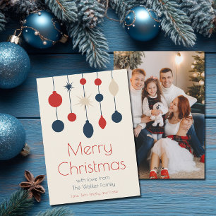 Retro Red Blue Ornaments Christmas Photo Holiday Card