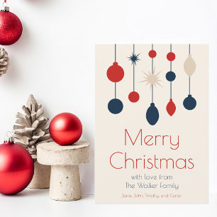 Retro Red Blue Ornaments Christmas Photo Inside Holiday Card