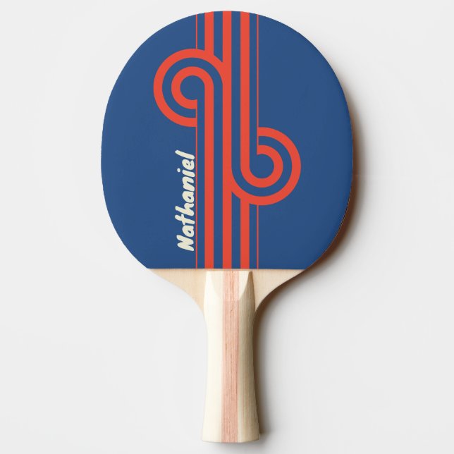 Retro Red & Blue Stripe Loop with Name Ping Pong Paddle (Back)