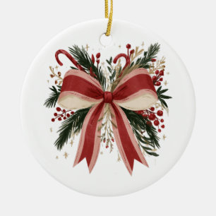 Retro Red Bow with Candy Canes and Greenery Ceramic Ornament