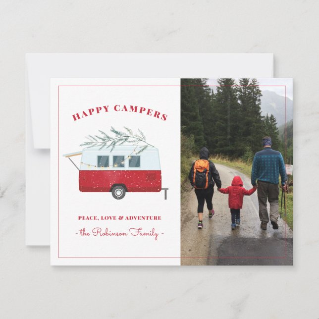 Retro Red Camper Adventure Camping Christmas Card (Front)