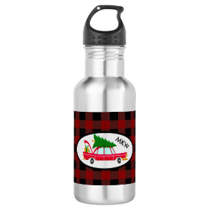 Retro Red Car Carrying a Christmas Tree 532 Ml Water Bottle