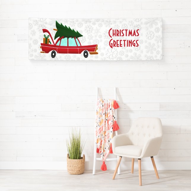 Retro Red Car Carrying a Christmas Tree Banner (Insitu)