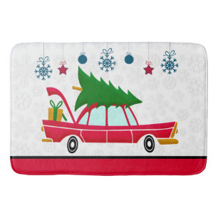 Retro Red Car Carrying a Christmas Tree Bath Mat