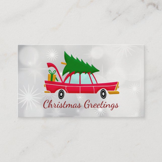 Retro Red Car Carrying a Christmas Tree Business Card (Front)